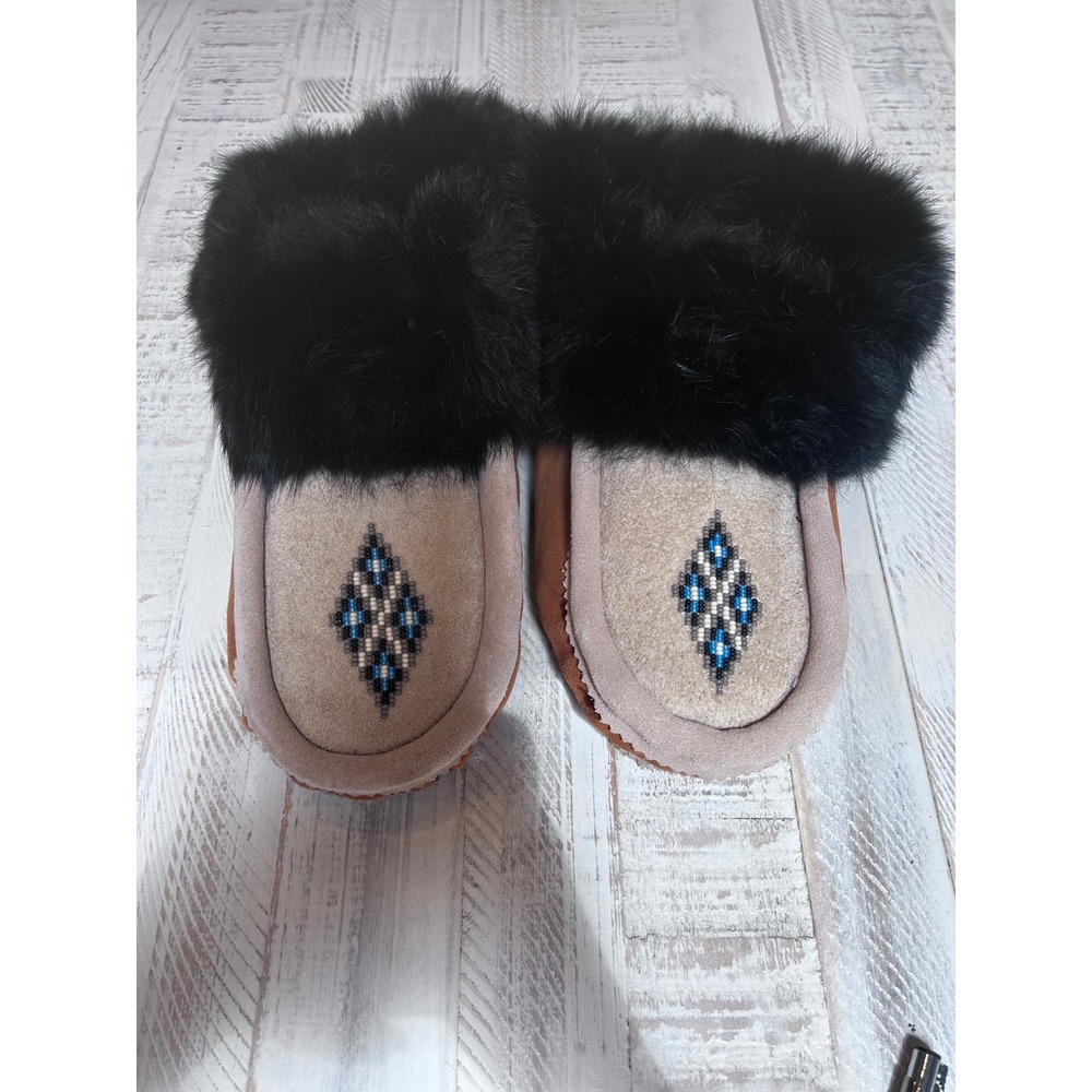 Handmade Suede Moccasin Slippers Black rabbitFur TrimBeaded Geometric TanMens 10